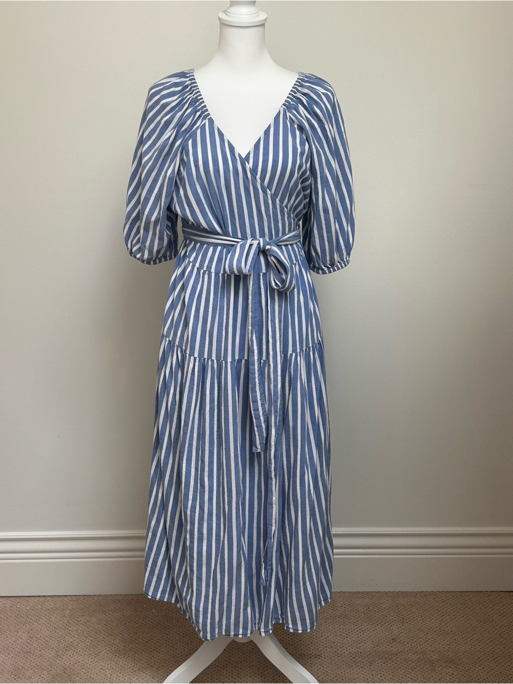 COTTON Blue and White Striped Wrap Midi Dress